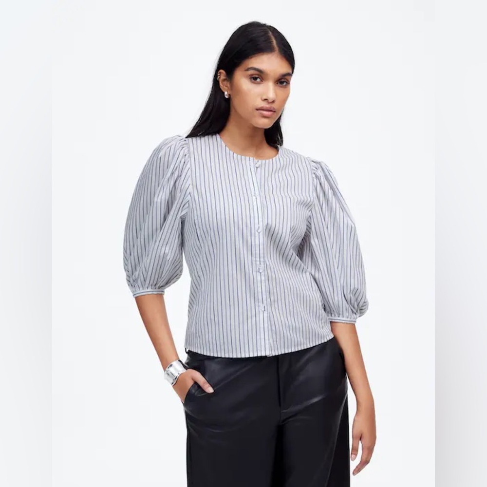 NWOT Madewell Puff-Sleeve Button-Up Striped Top Size 14